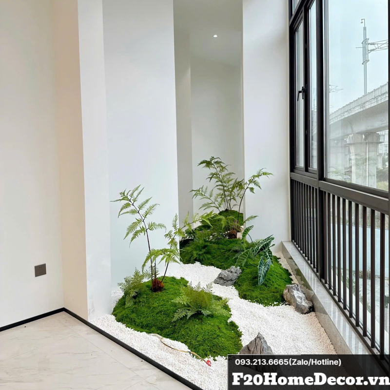 Tiểu cảnh cây dương xỉ giả cao cấp kết hợp rêu và sỏi trắng